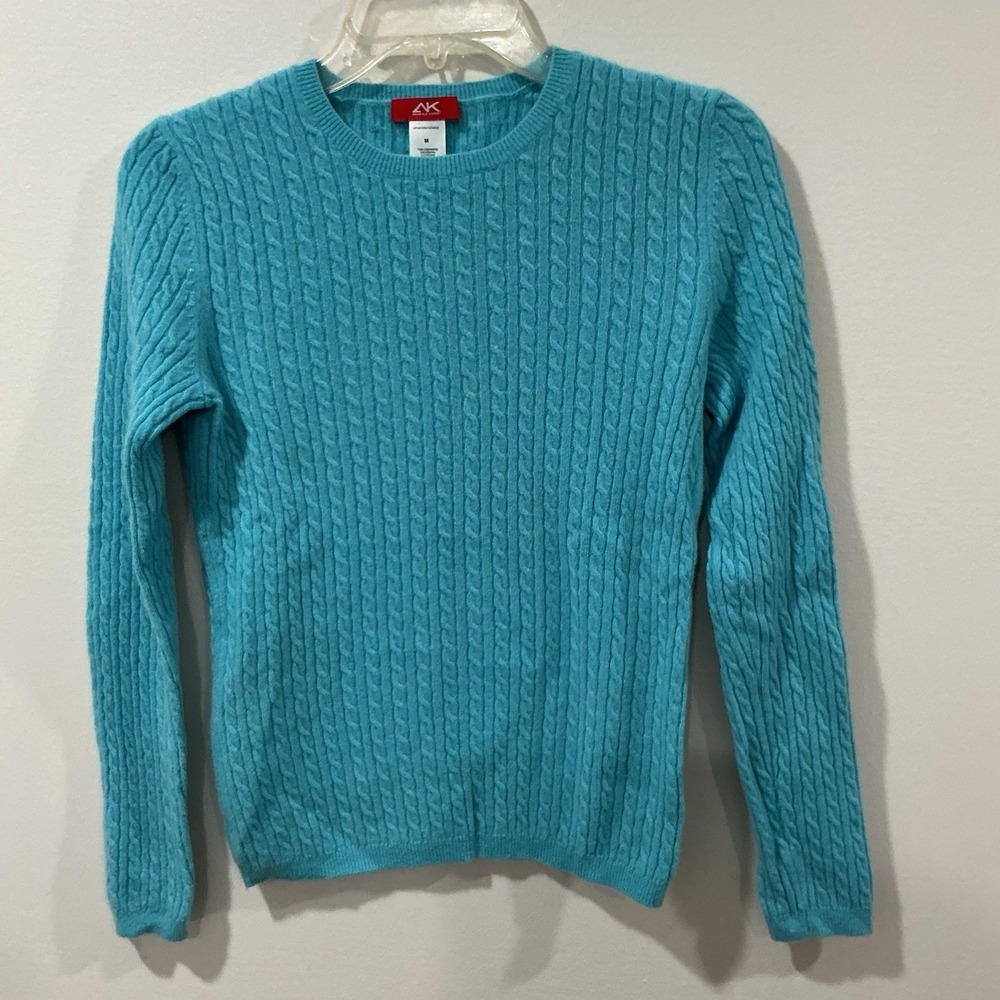 Anne Klein Sport Teal Blue Cable Knit Cashmere Sweater Women's Size M Preppy